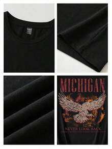 Camiseta de manga corta de ajuste holgado con cuello redondo y estampado de águila en estilo casual para mujer, adecuada para el verano - Negro - Ver 8