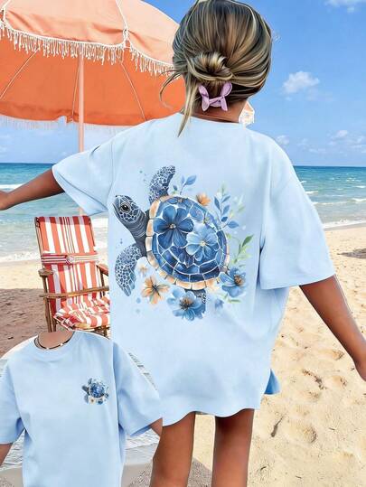 1pc Tween Girl Printed Short Sleeve T-Shirt, Student Youth Clothing, Summer Gift For Kids