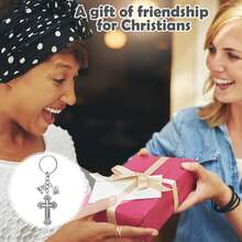 10个装十字架钥匙扣，圣经吊坠钥匙扣，宗教汽车钥匙圈，基督教祈祷礼物，情侣礼物 - 復古銀色 - 查看 6