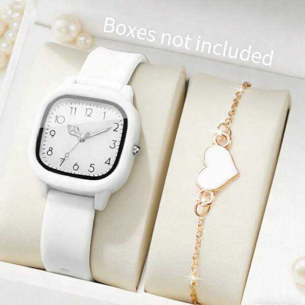 2pcs Minimalist Accessories | White Silicone Watch + Rose Gold Heart Bracelet, Clean And Gentle Color Scheme, Minimalist And Durable, Perfect For Daily Wear
