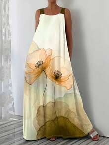 Plus Size Floral Print Spaghetti Strap Vacation Dress Summer Elegant - Yellow - View 1