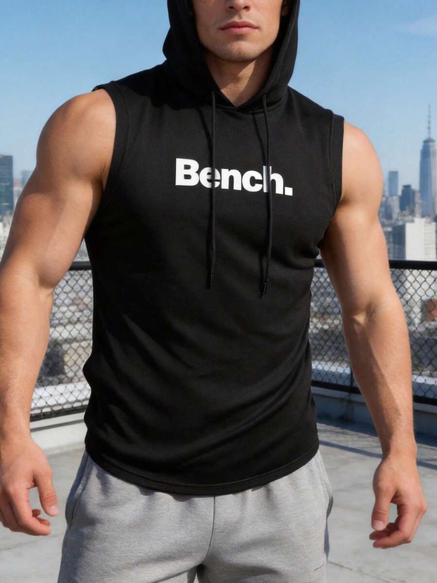 男士抽绳连帽运动背心、健身背心、背包、返校篮球服、男士慢跑裤、Y2K风格图案男士连帽衫 - 黑色 - 查看 1