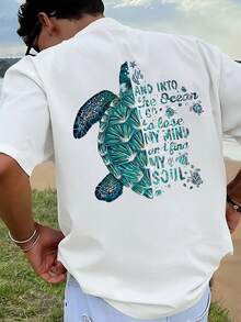 男士印花T恤一件装，沙滩夏季穿着，宽松短袖T恤 - 白色 - 查看 1