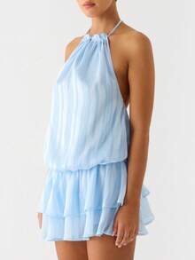 Women Summer Ruched Halter Mini Dress Ruffle Bubble Drop Waist Backless Tie Neck Open Back Mini A Line Swing Dress Y2k Cocktail Clubwear - Blue - View 3