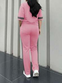 2pcs Women's Spring/Autumn Round Neck Short Sleeve T-Shirt And Elastic Waist Loose Pants Set, Casual Daily Wear Summer - 粉紅色 231 - 查看 6