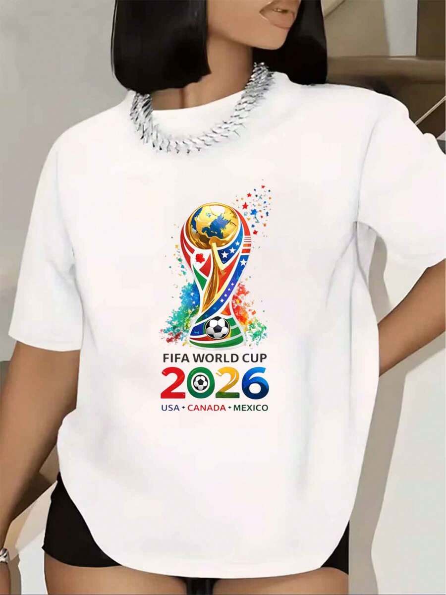 Women T Shirt WORLD-CUP 2026 Usa Canada Mexico Logo Print Short Sleeve Round Neck Casual Sport Tee 220g - trắng - Xem 1