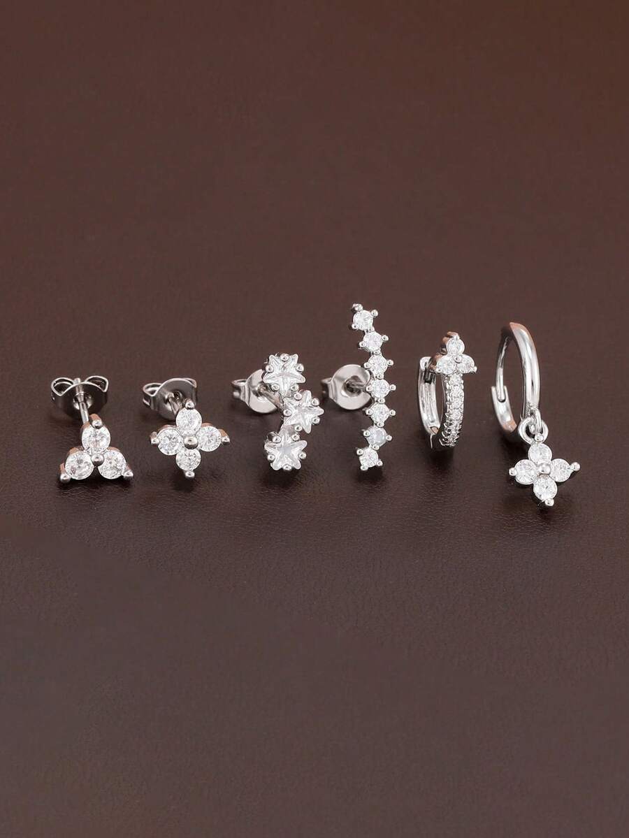 6Pcs Elegance Geometry Stud Earrings For Women Fashion Flower Star Petal Cartilage Hoop Earring Piercing Ear Jewelry Suitable For Holiday Parties, Fashion Accessories - Silver - View 1