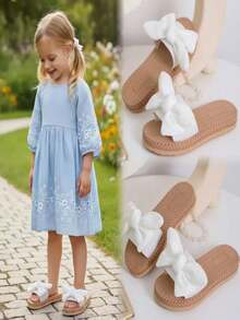 1 đôi dép lê đế bằng màu đen cho bé gái, chất liệu vải mềm mại, quai nơ, kiểu dáng tối giản, mũi tròn, co giãn, mềm mại, chống trơn trượt, dép đi biển cổ điển thời trang cho sinh hoạt hàng ngày, kỳ nghỉ, trong nhà, mùa xuân/hè. - trắng - Xem 4
