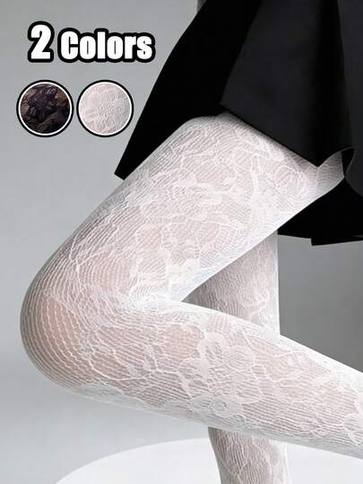 两种颜色可选 复古蕾丝长筒袜，法式花卉网纱连裤袜