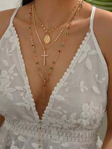 1pc Fashionable Elegant Virgin Mary Embossed Y-Shape Long Necklace, Vintage Religious Cross Pendant Sweater Chain For Women, Suitable For Daily Wear And Gatherings - Gold - 查看 3