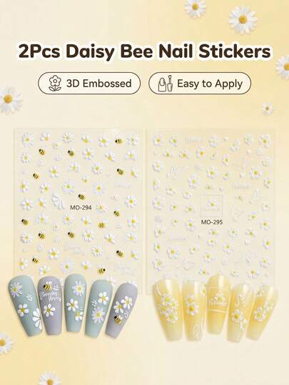 2pcs Cartoon Bee & Daisy Summer Nail Art Stickers, White Daisy Flower Pattern, Cute Bee Mixed Petals Design, 3D Self-Adhesive Nail Decals, DIY Decoration, Suitable For Nail Salon Accessories