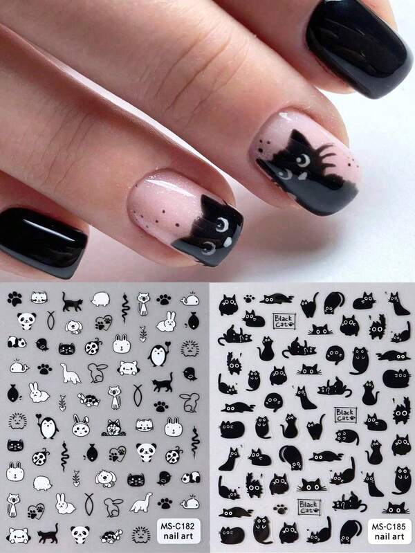 2pcs Black Cat Nail Stickers, 3D Cute Cartoon Animal Self-Adhesive Nail Art Decals, Slider Nail Decoration Accessories