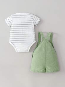 男婴条纹短袖连体衣和背带裤两件套，夏季 - 綠色 - 查看 2
