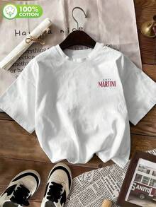 1 Piece, % Cotton. Loose-Fitting Cotton Shirt, Short-Sleeved, Crew Neck Graphic Shirt. Short-Sleeved, Crew Neck Graphic Shirt In Soft, Breathable Fabric For Everyday Wear, With Dirty Martini Club Print For Women, Summer Style Shirt. - 白色 - 查看 2