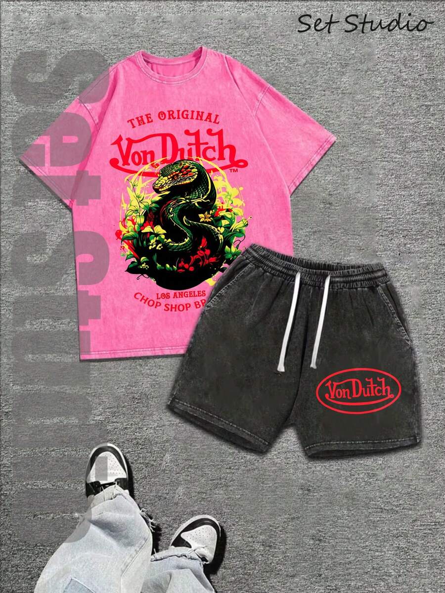 Mens Creative T-Shirt And Shorts Set American Vintage Full Print Street Wear Essential T-Shirt Set Men Graphic T-Shirt And Shorts Set With Dragon And Von Dutchs Logo Print Washed Look For Casual Outfits And Urban Style - Đỏ và đen - Xem 1