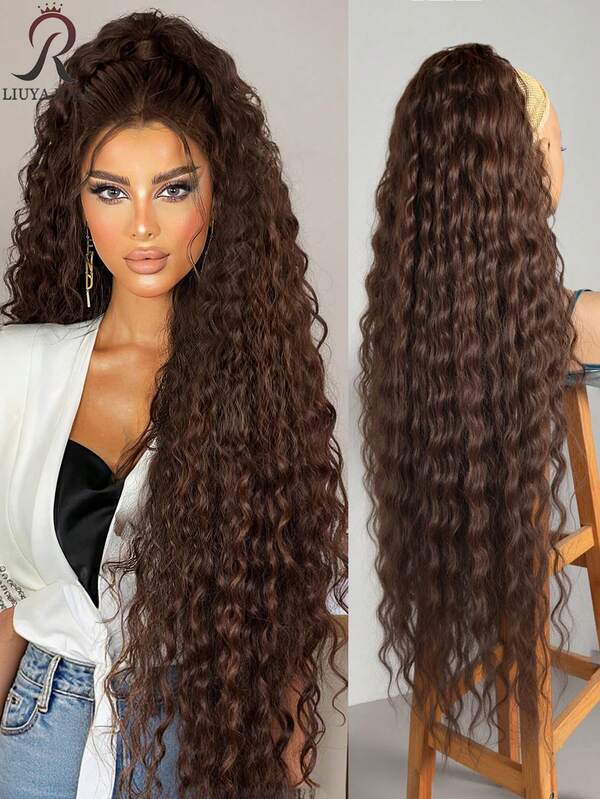 Peluca con coleta de 36 pulgadas de largo, ligera y completamente natural con rizos, color negro, cabello sintético suave y multicapa con cordón para mujeres