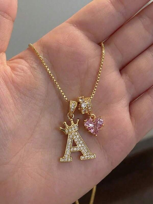 1pc Initial Necklace Crown Letter & Pink Heart Shaped Multi-Pendant Necklace Alphabets A-Z Stainless Steel Chain Necklace Suitable For Mom Mother's Day Gift For Girls Daily Decoration Jewelry Accessory