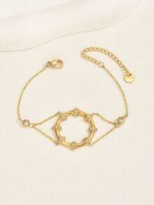 1件法式奢华圆形手链，镶嵌合成锆石，优雅百搭，适合女士日常、派对、聚会佩戴 - 金色 - 查看 4