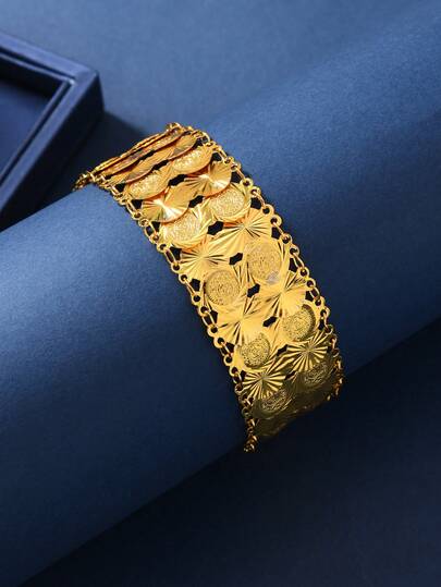 1件24K镀金铜质中东开斋节新月硬币手链，复古奢华风格派对配饰