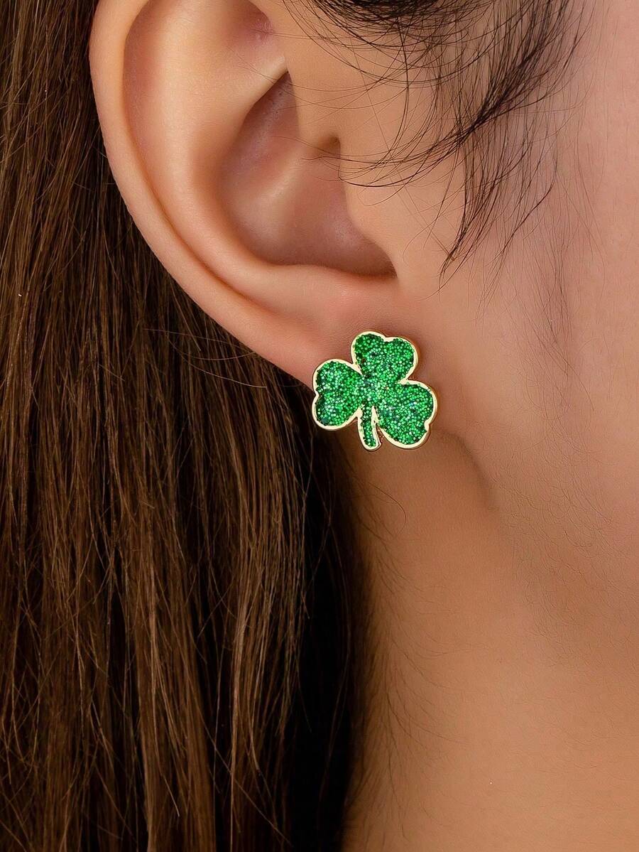 1 Đôi bông tai hình cỏ bốn lá cổ điển, thời trang, thiết kế giản dị, đa năng dành cho nữ - màu xanh lá - Xem 1
