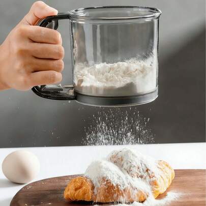 1 cái rây bột bán tự động - Dụng cụ làm bánh lưới mịn, rây bột cầm tay có tay cầm lắc, dụng cụ làm bánh gia dụng, cốc rây bột, cần thiết để làm bột nhào và bột bánh mịn, vật dụng nhà bếp và phòng ăn bền bỉ, vật dụng cần thiết cho việc nấu nướng trong dịp lễ, dụng cụ nhà bếp hiện đại, chất liệu bền.