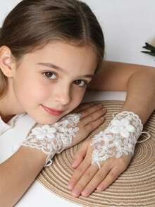 Lace Fingerless Gloves With Sequin Floral Decor, Suitable For Wedding Dress, Photo Shoot, Street Style - Multicolor - View 2
