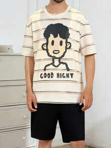 Men's Striped Cartoon Character Print Short Sleeve Shorts Pajama Set, Comfortable Summer Loungewear - Multicolor - View 1