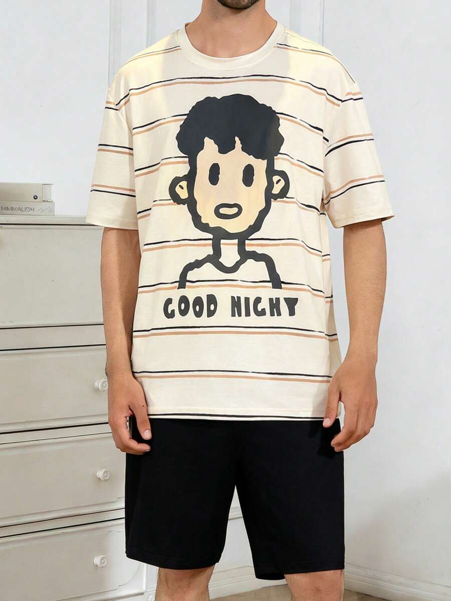 Men's Striped Cartoon Character Print Short Sleeve Shorts Pajama Set, Comfortable Summer Loungewear - Multicolor - View 1