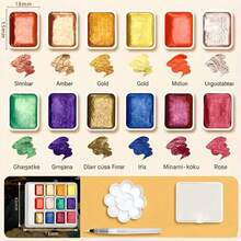 12色珠光水彩调色盘 | 专业闪光渐变DIY迷你调色盘 | 爆款便携式艺术家绘画工具 | 含珠光色卡 | 适用于美甲、手账、插画、水彩画 | 艺术爱好者必备 | 大师推荐礼品套装（含画笔） - 套裝 - 查看 9