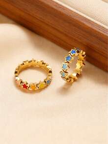 1枚简约独特925纯银热销珐琅星形戒指，粉色，搭配轻盈链条，波西米亚风高端奢华DIY吊坠，精致珠宝礼品，女士之选 - 藍色 - 查看 2