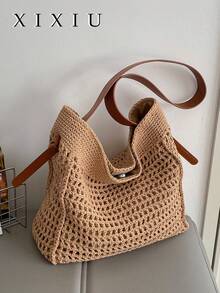 Nueva bolsa de mano minimalista tejida y calada, de gran capacidad, bolso de hombro único y de alta gama, perfecto para vacaciones y viajes diarios. - Marrón - Ver 2