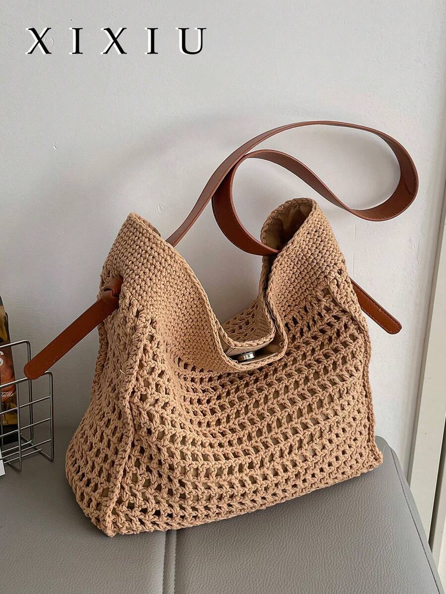 Nueva bolsa de mano minimalista tejida y calada, de gran capacidad, bolso de hombro único y de alta gama, perfecto para vacaciones y viajes diarios.