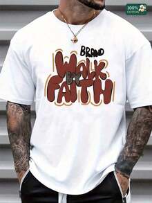 S100% Cotton Unisex Round Neck Short - Sleeve "Brand Walk By Faith" Graphic T - ShirtSoft Fabric - 白色 - 查看 6