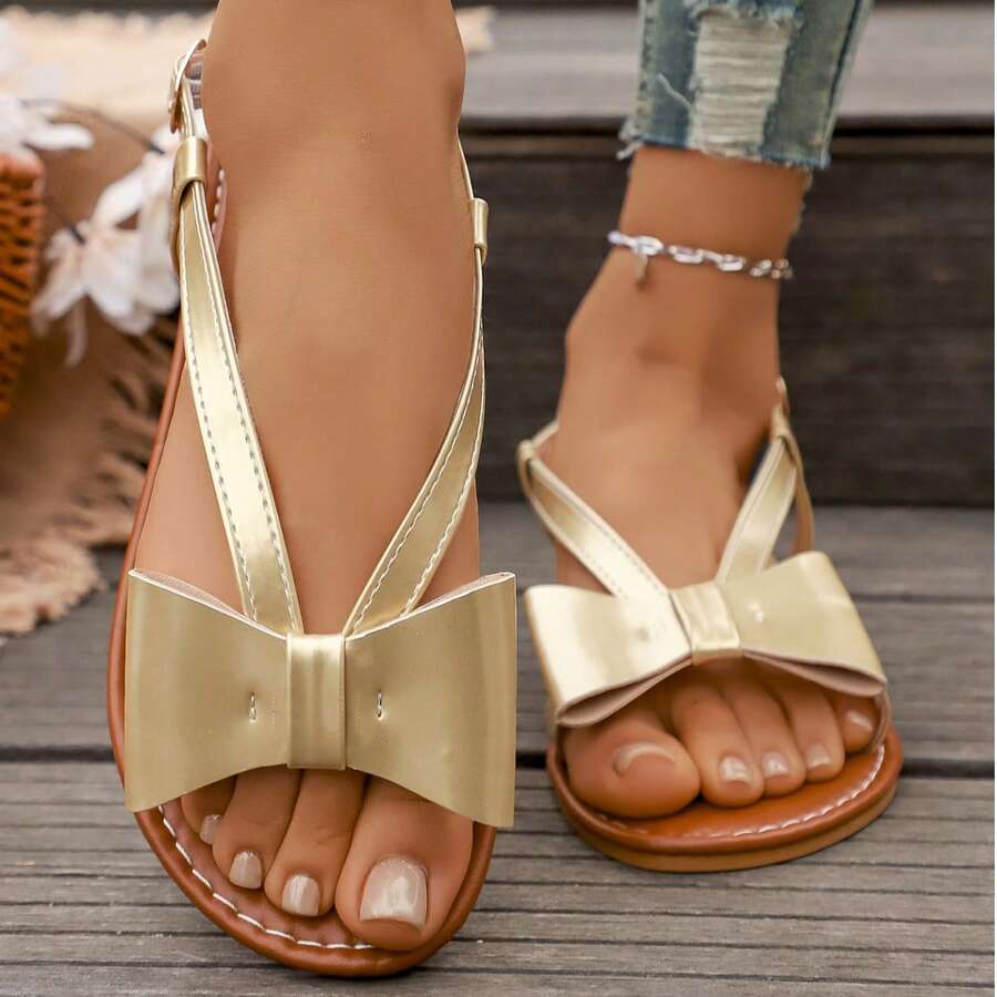 新款时尚蝴蝶结露趾平底凉鞋，单带法式拖鞋 - 金色 - 查看 1