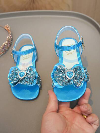 Girls' Princess Sandals, New Summer Blue Rhinestone Bow Soft Bottom Non-Slip Children Sandals
