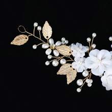 Băng đô cài tóc bằng đất sét mềm màu trắng hình hoa lá đính ngọc trai, phụ kiện tóc cô dâu trong đám cưới. - Vàng - Xem 5