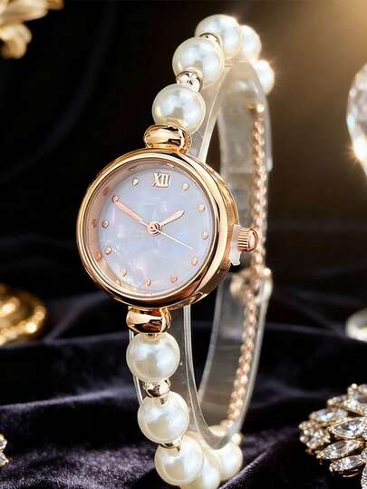 Nuevo reloj de cuarzo minimalista redondo con pulsera de perlas, adecuado para usar en fiestas, festivales y como regalo del Día de la Madre