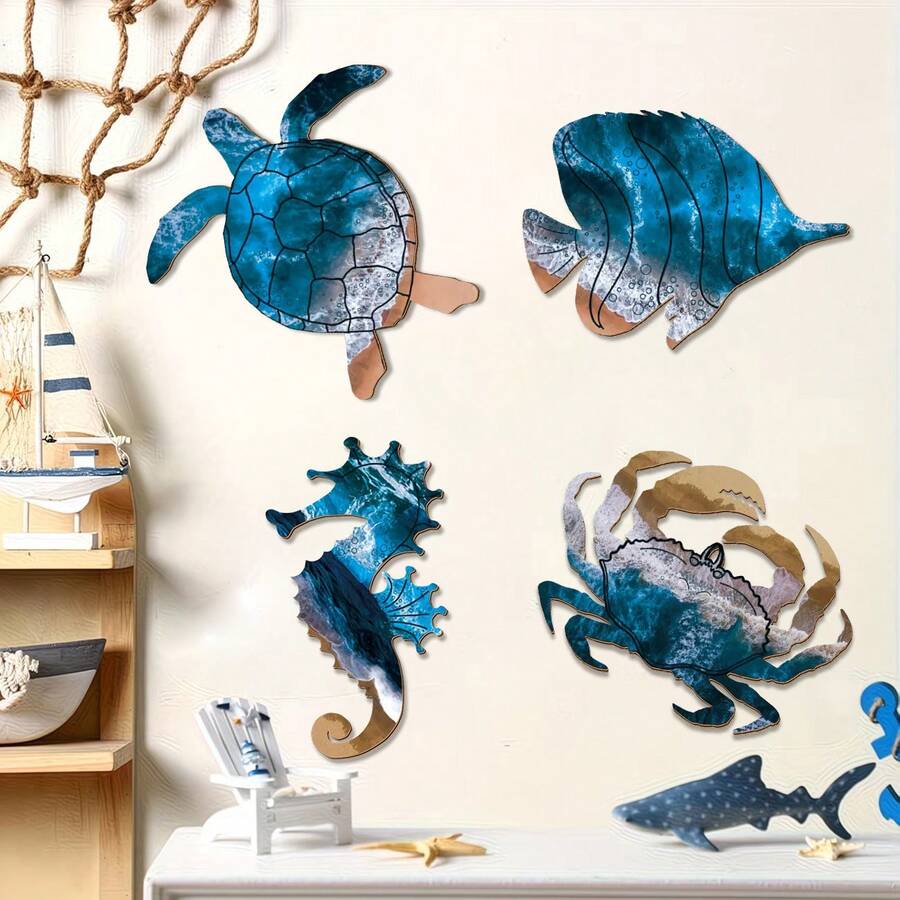 1/4 Piece Ocean-Themed Wooden Wall Decoration, Coastal Wall Hanging, Summer Beach Wall Art, Wooden Ocean Beach-Themed Hanging Ornament With Turtle, Seahorse, Crab, And Fish Motifs, Suitable For Ocean View Rooms, Bedrooms, Living Rooms, Bathrooms, And Outdoor Beach Party Decorations - Multicolor - View 1