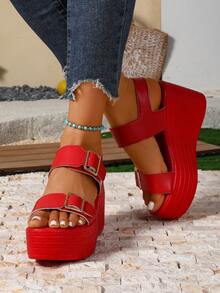 Giày sandal nữ mùa hè màu đỏ tươi có khóa cài, kiểu dáng tối giản, thanh lịch, hở mũi, thích hợp mang hàng ngày, đế dày thoải mái, gót xuồng. - Đỏ - Xem 4