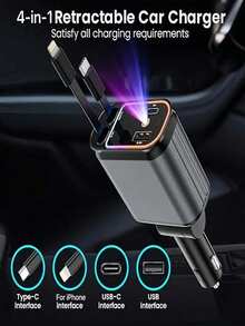 4-In-1 Retractable Car Charger With Starry Sky Dome Design, Supports 66W Fast Charging, Has Ambient Lighting Effect And Red Starry Sky Dome Light, Equipped With 2 USB Ports, 180° Adjustable Plug And Built-In 80cm Retractable Type-C/IOS Cable, Suitable For Various IOS/Android Phones, An Essential Car Accessory And Great Gift Choice - one-size - View 3