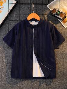 3件套男童夏季新款短袖衬衫，立领，前开襟，时尚3色可选，休闲百搭风格，适合青少年男童 - 彩色 - 查看 3