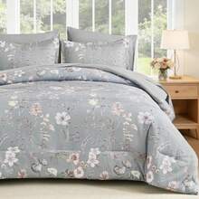 Queen Comforter Set Grey Botanical Floral Bedding Comforter Sets Queen Size for All Seasons 7 Pieces Bed in a Bag Lightweight Microfiber Comforter Set with Sheets Pillowcases and Shams - Gris - Ver 1