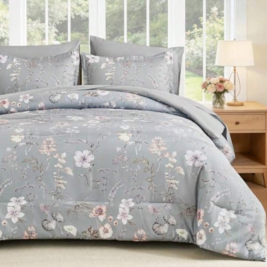 Queen Comforter Set Grey Botanical Floral Bedding Comforter Sets Queen Size for All Seasons 7 Pieces Bed in a Bag Lightweight Microfiber Comforter Set with Sheets Pillowcases and Shams - Gris - Ver 1