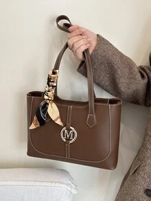 Bolsa tote minimalista de cor sólida com lenço, ideal para compras, como carteira, para mulheres jovens, estudantes universitárias, recém-casadas e profissionais. Perfeita para escritório, universidade, trabalho, negócios, deslocamentos diários, atividades ao ar livre, viagens e excursões. - Castanho - Ver 4