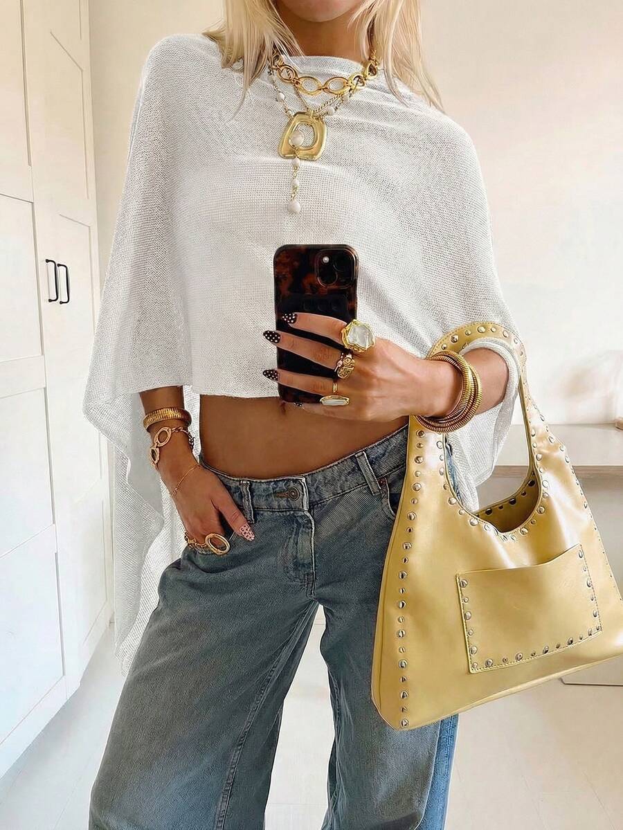 Mejors 新款春夏女士不对称披肩纯色 Y2K 风格蝙蝠袖针织短款上衣，轻薄斗篷式毛衣透视衬衫，适合海滩、派对、夏秋季穿着，白色 - 白色 - 查看 1