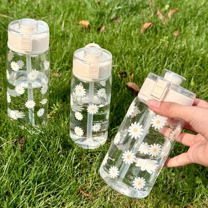 HILAKE Daisy Bounce Cap Plastic Water Bottle - 400ml, 600ml, 800ml | Durable & Portable Juice Bottle With Lid & Straw - Perfect Gift For Family, Friends, Sisters, Colleagues For Birthday, Valentine's Day, Christmas, And Weddings - Ideal Travel Mug