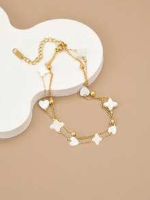 1pc Fashion White Heart & Four-Pointed Star Double-Layer Stainless Steel Anklet For Women, Pearl Chain Design, Suitable For Daily Wear, Gold Jewelry, Summer, Vacation, Beach Party, Gift - Yellow Gold - View 7