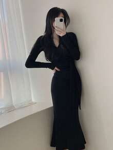 YCYC 女款 V 領前綁帶貼身洋裝，極簡性感風，秋冬款 - 黑色 - 查看 1