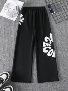 Casual Versatile Street Hip-Hop Style Foaming Letter Graphic Print Soft Comfortable Pants For Tween BoySpring/Summer/Autumn - Black - View 2