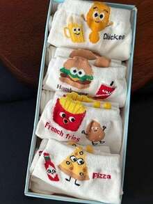 8双/4双装 女士可爱卡通汉堡、薯条、披萨图案趣味柔软透气吸湿休闲运动袜 - 彩色 - 查看 6